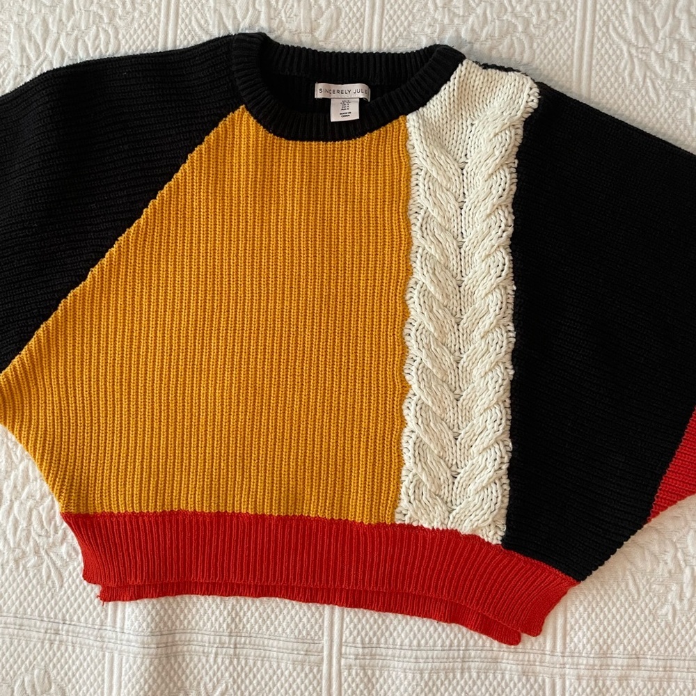 Sincerely Jules ColorBlock Cropped Sweater Black Yellow Orange Cream Small - Picture 5 of 12